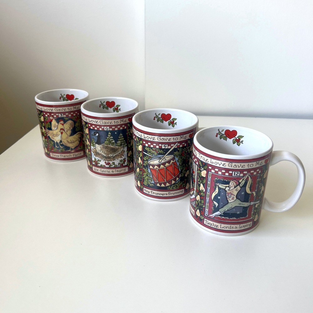Vintage Betty Whiteaker Twelve Days of Christmas 4 Ceramic Mug Set CIC